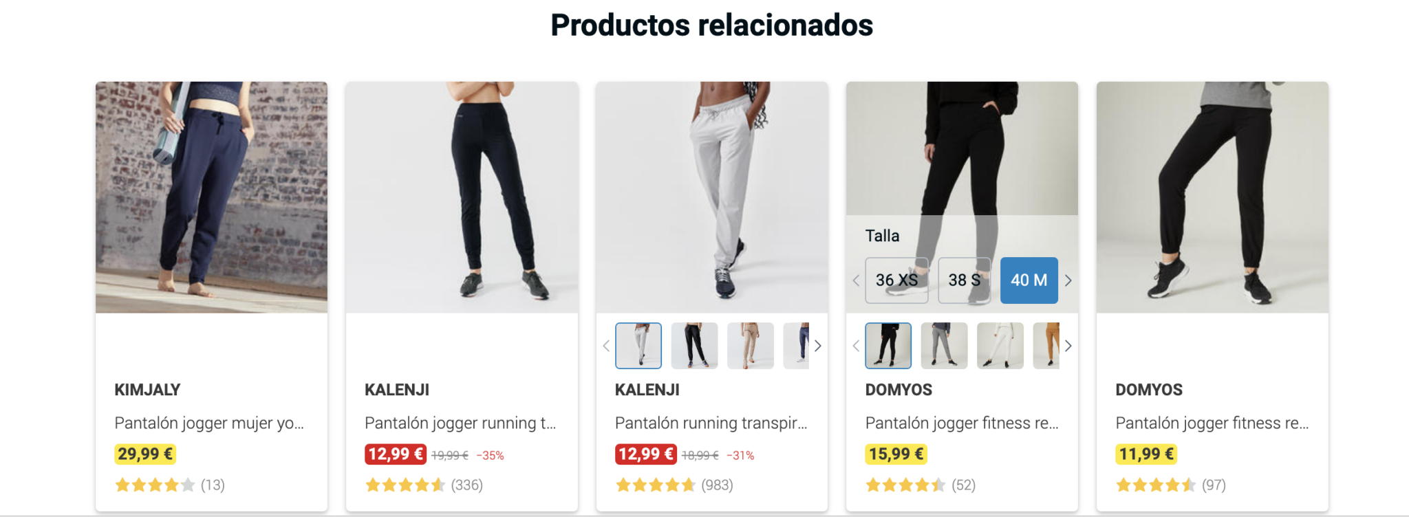 Captura de pantalla de los productos relacionados de una página web